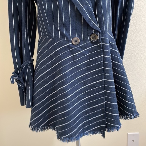 New FREE PEOPLE Stella Blazer Jacket Navy Blue White Stripe Fluted Sleeve - Picture 7 of 14